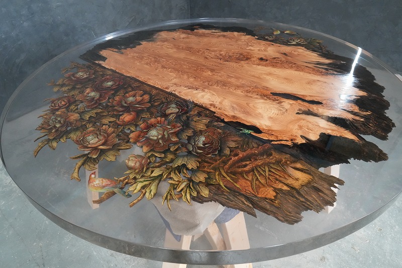 屋久杉レジンテーブル 彫り物レジンテーブル