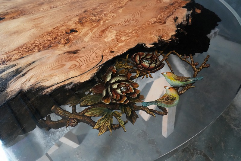 屋久杉レジンテーブル 彫り物レジンテーブル