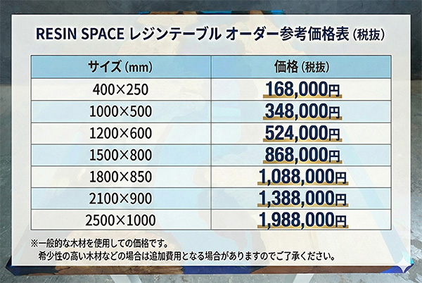 RESIN SPACEレジンテーブルの価格表